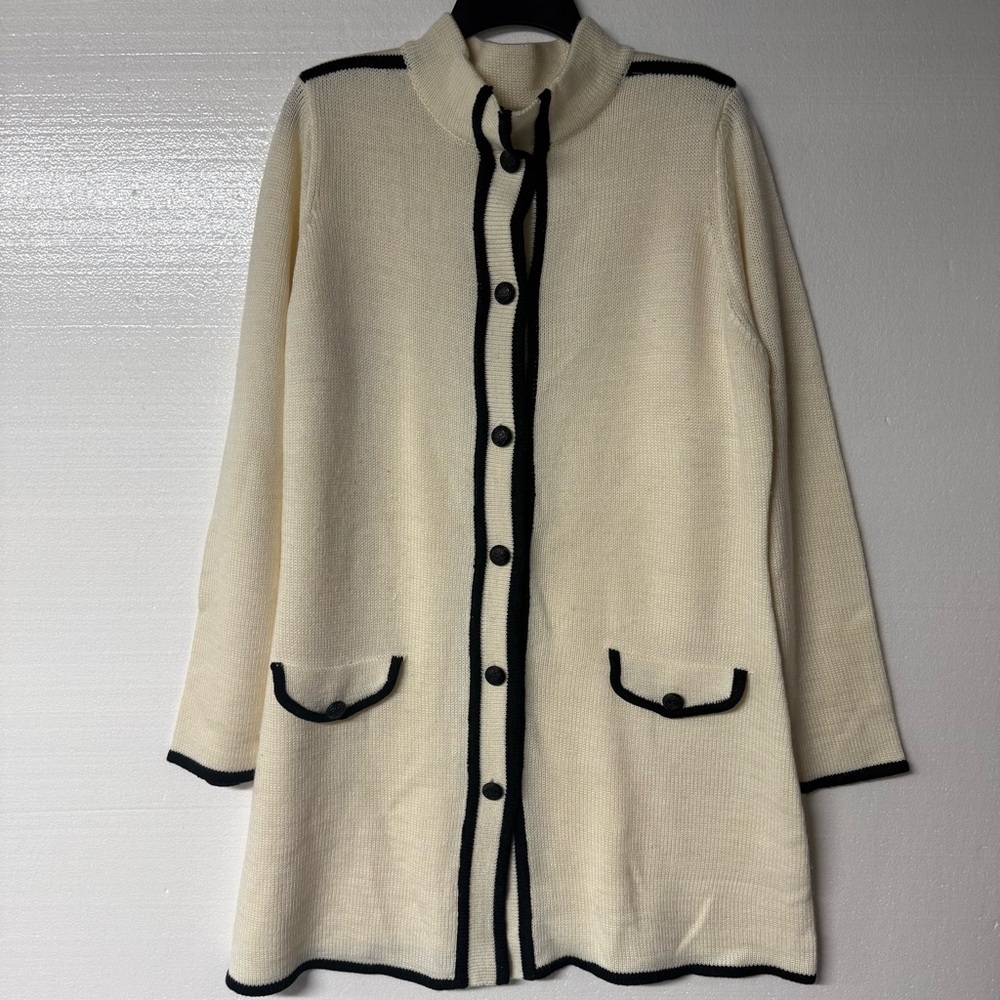 Boston Proper Sweater XL Cardigan Long Ivory Black Detail Button Down Wool Blend